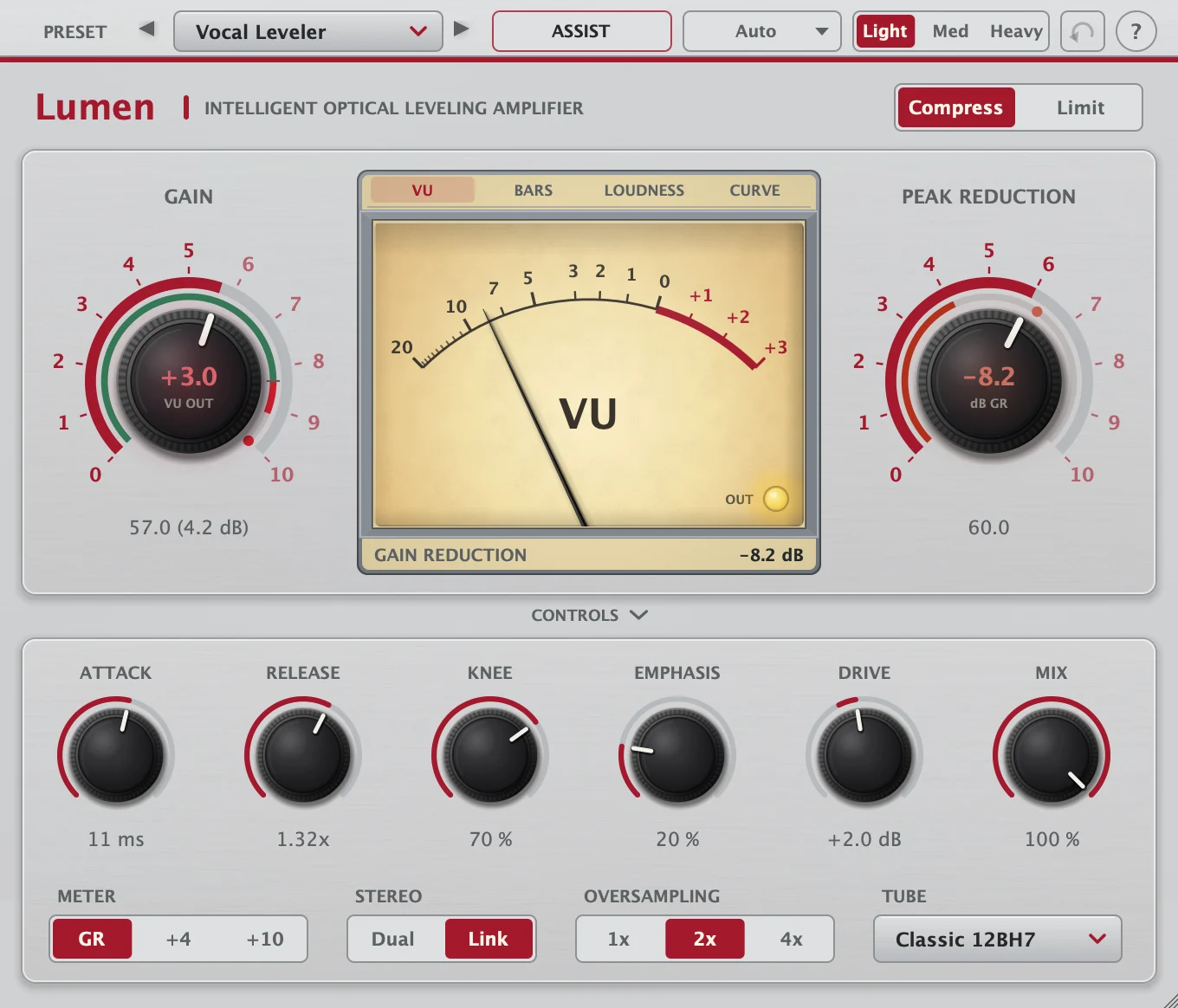 The Lumen plugin window: Gain and Peak Reduction knobs either side of a VU meter, with attack, release, knee, emphasis, drive and mix controls below